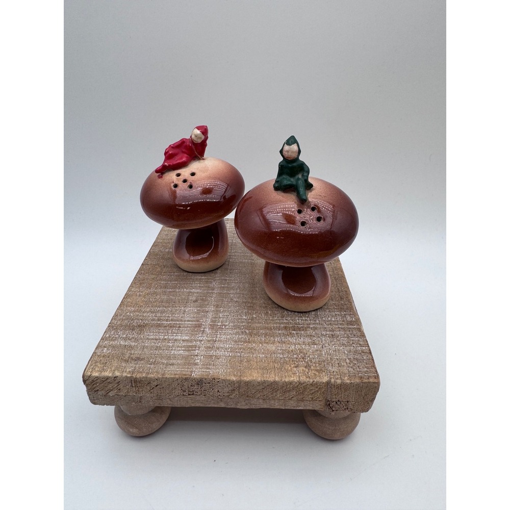 Vintage Pixie Elf Mushroom Salt and Pepper Shakers Set Ceramic Brown Red Green
